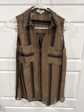 Express Sleeveless Button-Front Shirt - green with Black Stripes